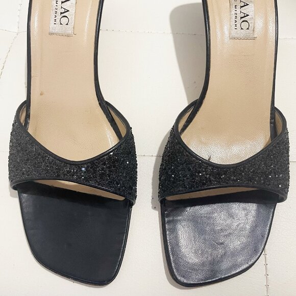 Vintage Isaac Mizrahi Black Open-Toe Mules Heels with Glitter Detail | Size 10B - Picture 4 of 14
